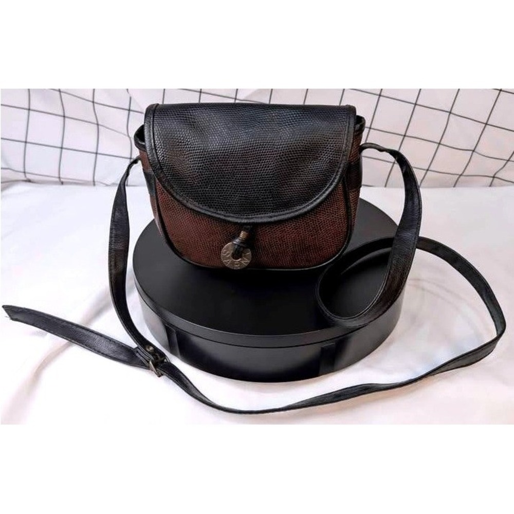 Sarné~Shoulder Bag Satchel/Small Brown/Black Lizard Embossed VTG. Style Saddle
